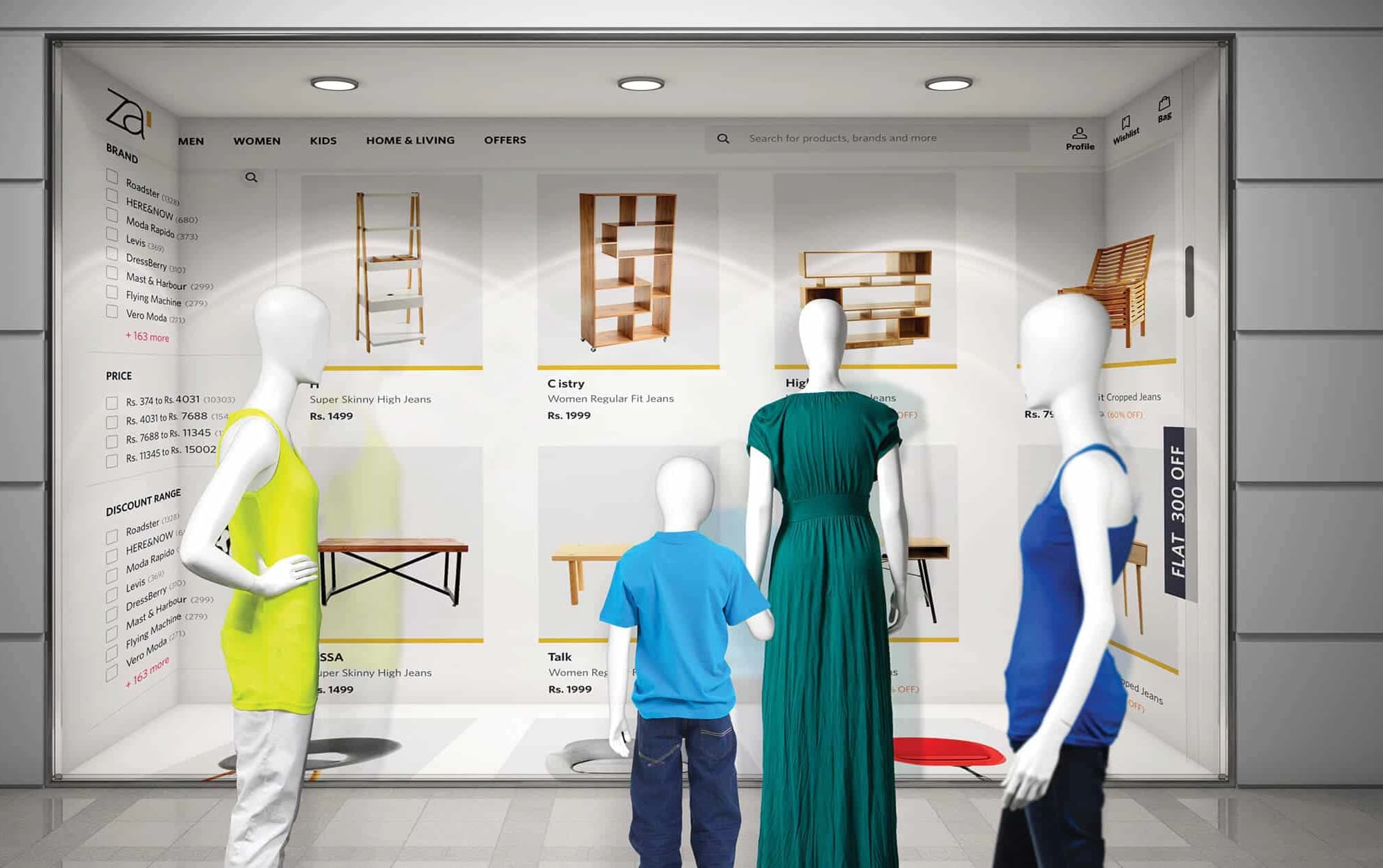 Maniquíes frente a una pantalla de eCommerce, visual merchandising digital