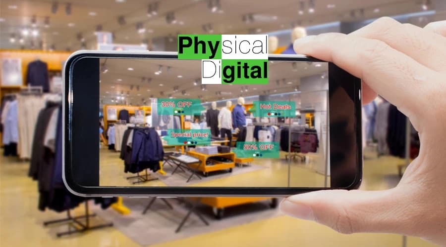 Cliente usando el móvil para una experiencia de compra phygital en tienda