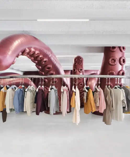 Instalación de pulpo escultórico en la tienda Moncler