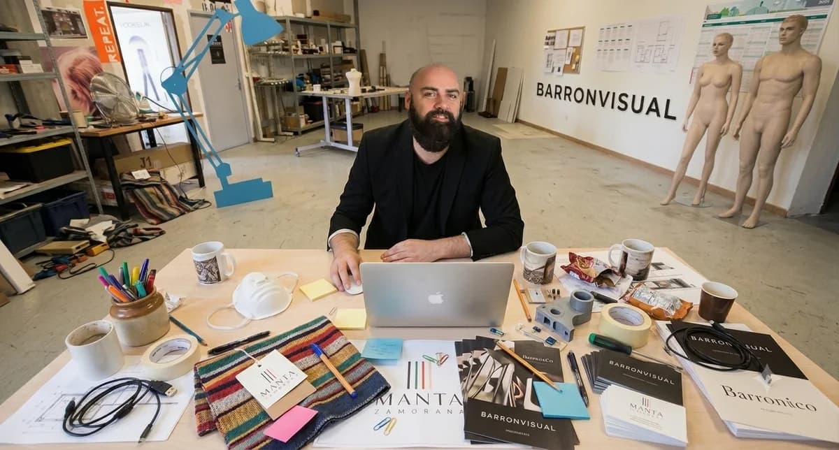 Juan Carlos Barrón in his studio, with material from BARRONVISUAL, Manta Zamorana and Barronico