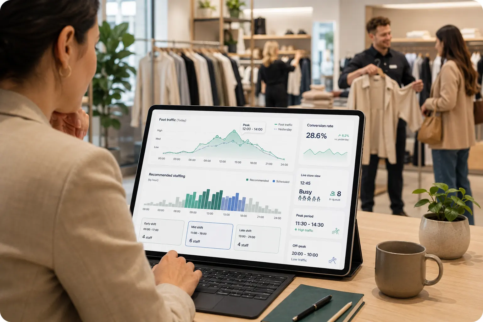 Dashboard de tráfico de tienda y planificación de personal en una tablet